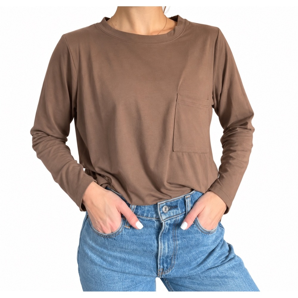 Zenana Long Sleeve Pocket Top Brown Ultra Soft Crew Neck
